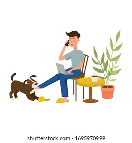 Person working or trying to work with laptop, dog preventing work, bitting his owner. Freenacer working on chair from home office remotely with computer and mobile phone. Vector illustration on white