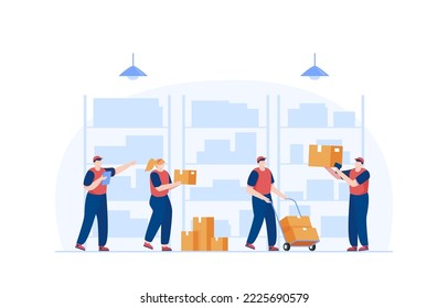 A person working in a warehouse. Employees sort boxes on carts. Vector illustration