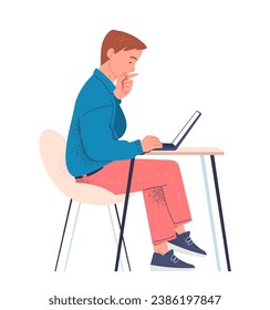 Person works with computer concept. Man sitting at table with gadget or device. Freelancer or remote worker. Graphic element for website. Cartoon flat vector illustration isolated on white background