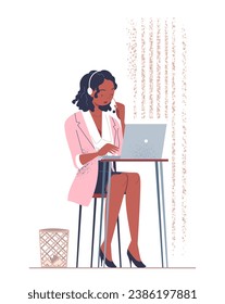 Person works with computer concept. Woman sitting at table with headphones. Freelancer or remote worker. Template and layout. Cartoon flat vector illustration isolated on white background