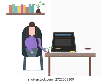 Eine Person arbeitet an einem Schreibtisch mit einem Computer und einer kleinen Anlage. Oben auf dem Regal stehen Bücher. Eine Kaffeetasse steht neben dem Computer. Natürliches Licht füllt den Raum.