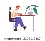 Person works at laptop computer at desk. Happy man sitting in chair at office table, working at notebook PC. Business worker at workplace. Flat vector illustration isolated on white background