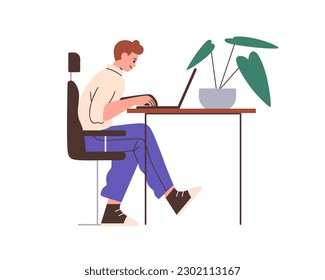 Person works at laptop computer at desk. Happy man sitting in chair at office table, working at notebook PC. Business worker at workplace. Flat vector illustration isolated on white background