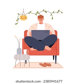 Person works at laptop online in internet, sitting in armchair at home. Young man, freelancer at notebook computer. Remote freelance worker. Flat vector illustration isolated on white background