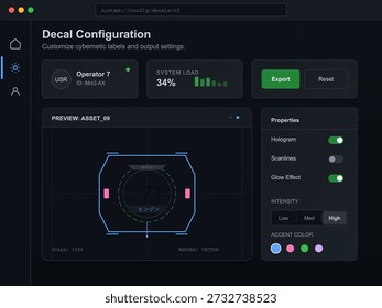 Una persona trabaja en una interfaz de computadora que muestra Configuraciones de configuración de calcomanías. La pantalla muestra varias opciones para personalizar un activo virtual. La carga del sistema es del 34 por ciento.