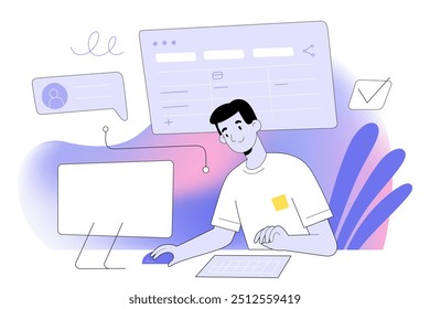Person works on a desktop computer, using a task manager application, virtual workspace, surrounded by floating task icons UI interface, project and time management concept, vector illustration