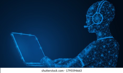 A person works on a laptop. Social remote employment. Software and computer graphics development. Polygonal design. Blue background.