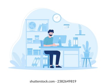 A person works on a work project at a desk using a computer trending concept flat illustration