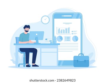 A person works on a work project at a desk using a computer trending concept flat illustration