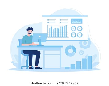 A person works on a work project at a desk using a computer trending concept flat illustration