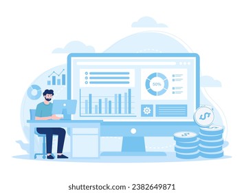 A person works on a work project at a desk using a computer trending concept flat illustration