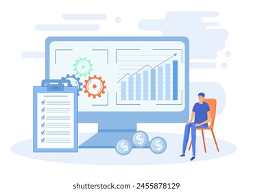 A person works on a work project at a desk using a computer trending concept flat illustration