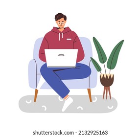 Person works and studies online, sitting in chair at home. Freelance worker at laptop computer in armchair. Man student in eyeglasses uses device. Flat vector illustration isolated on white background