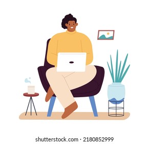 Person works and studies online, sitting in chair at home. Freelance worker at laptop computer in armchair. Vector illustration 