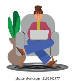 Person works and studies online, sitting in chair at home. Freelance worker at laptop computer in armchair. Flat vector illustration isolated on white background.