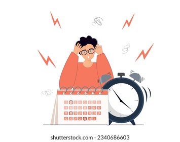 Person worried about dead line, tired person overworking, emotional stress, mental health concept, freelance work concept, flat vector illustration