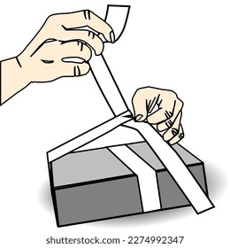 Caja de regalo de envolvimiento de persona. Ilustración de vectores dibujados a mano