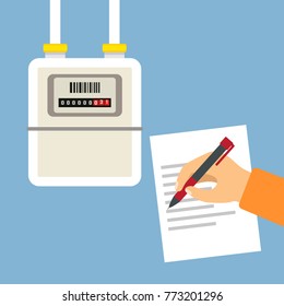 A Person Writes A Gas Meter Reading. Vector Illustration Isolated On Blue Background