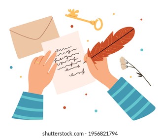 The person writes a letter with a bird's pen.Top view of envelope.Golden key and dried flowers in illustration in vintage style.