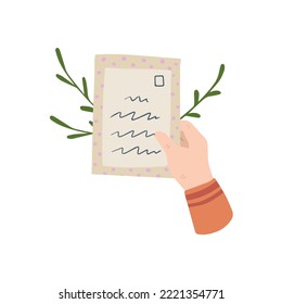 Person writes letter. Hand holding envelope with greeting. Cute illustration of postcrossing. Handmade paper.