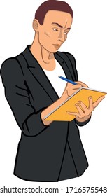 La persona escribe en un cuaderno. Trabajador de oficina. El empleado del servicio de envío. Imagen realista estilizada vectorial.