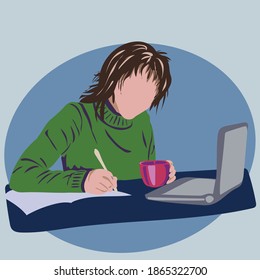 a person writes in a notebook, works at a laptop with a Cup in his hand