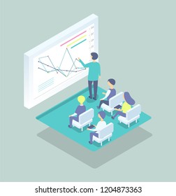 Person writing at chalkboard graphs for auditorium cartoon banner vector sample. Group of people sitting with laptops on armchairs, isolated classroom