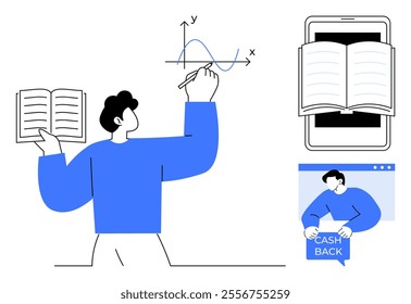 Person writing equation on board while holding book, smartphone with open book, and cashback offer. Ideal for online education, digital learning, financial incentives, modern teaching, educational