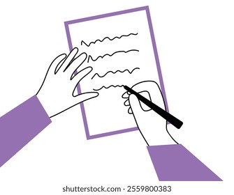 Person writing letter illustration; stamps, pens and envelop