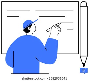 Person writing with a marker on whiteboard, large pen and shopping cart icon beside. Ideal for educational materials, presentations, corporate training, e-commerce guides, tutorials, instructional