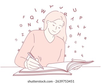 A person writing in a notebook surrounded by floating letters, symbolizing creativity and knowledge.
