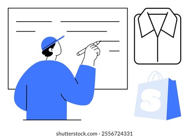 A person writing on a board, a shirt icon, and a shopping bag icon. Ideal for shopping, planning, retail, fashion, and education themes. Simple, modern vector style with blue and white colors