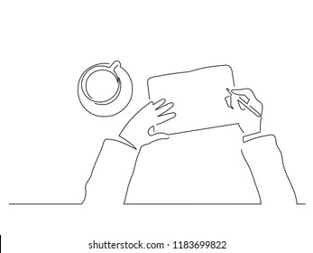 Person writing on a paper isolated line drawing, vector illustration design. People using technology collection.