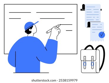 Person writing on whiteboard with documents and backpack on side. Ideal for education, presentations, planning, organizing, and student life themes. Simple lines and vibrant blue color for a modern