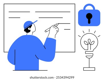 Persona que escribe en una pizarra mientras un candado y un símbolo de bombilla son visibles. Ideal para la educación, la creatividad, la innovación, la seguridad, la tecnología. Estilo minimalista simple en azul, blanco y negro