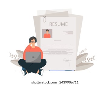 Person writing resume, cv for finding work, searching personnel, application form for employment, human research and recruitment concept, flat vector illustration