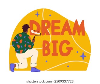 Persona escribiendo en la pared. Hombre con rodillo de pintura cerca de la inscripción sueño grande. Frase o cita motivacional. Pared y arte callejero. Pegatina de redes sociales. Ilustración vectorial plana aislada sobre fondo blanco