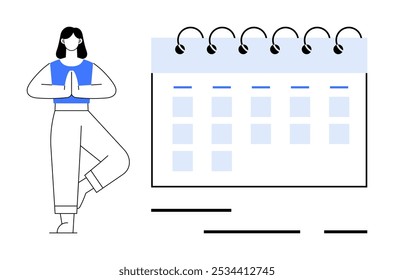 A person in a yoga pose stands beside a large calendar. Ideal for wellness planning, time management, personal growth, health goals, and scheduling activities. Modern, minimalistic, clean style