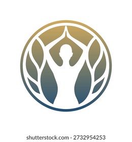 Eine Person in einer Yoga-Pose, umgeben von Blättern in einem kreisförmigen Farbverlauf-Logo