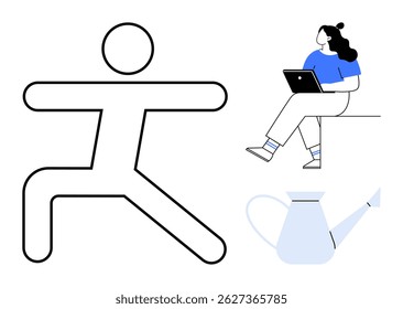 Person in yoga pose, woman with laptop seated on a ledge, and watering can. Ideal for wellness, work-life balance, productivity, gardening, relaxation, home office, and mindfulness. Line metaphor
