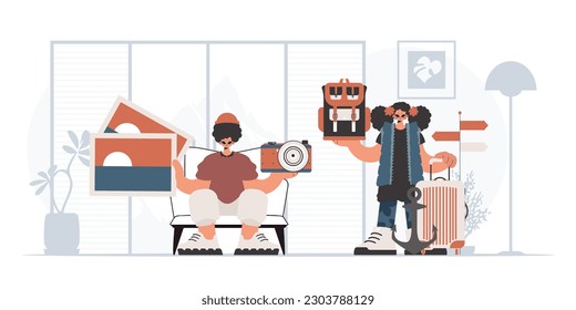 The person and the young lady are going on a trip. The concept of rest and travel. Trendy style, Vector Illustration