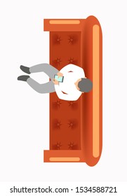 Person, young man sitting on sofa of a waiting room, reception area, reading, checking messages in his smartphone, view from above, work place, home office, indoors professional activity illustration