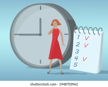 A person (young women in red dress) in a pensive pose standing next to the clock and checklist