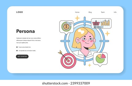 Concepto personal. Una mujer rubia rodeada de símbolos de marketing, que indican objetivos financieros, comportamiento de compras de clientes, análisis de ventas y logro de objetivos. Descripción de la demografía del comprador
