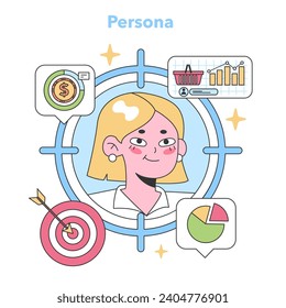 Persona concept. A blonde woman surrounded by marketing symbols, indicating financial goals, customer shopping behavior, sales analytics, and target achievement. Understanding buyer demographics