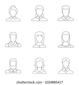 Persona icons set. Outline set of 9 persona vector icons for web isolated on white background