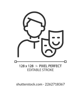 Persona pixel perfect linear icon. Social mask. Self representation to world. Archetype. First impression. Thin line illustration. Contour symbol. Vector outline drawing. Editable stroke