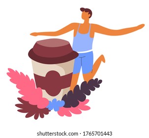 Personage balancing by cup of coffee bought at take away. Character running to mug of hot beverage giving energy. Aroma drink in morning, decorative foliage and flowers, vector in flat style