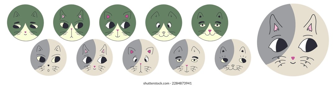Personage bundle, black eyes cats. People faces, different stickers, rounded kitty muzzle. Isolated flat illustration

