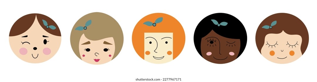 Personage bundle, nice girlish faces. Cartoon character set, different feelings, feminine image. Colorful vector simple elements
